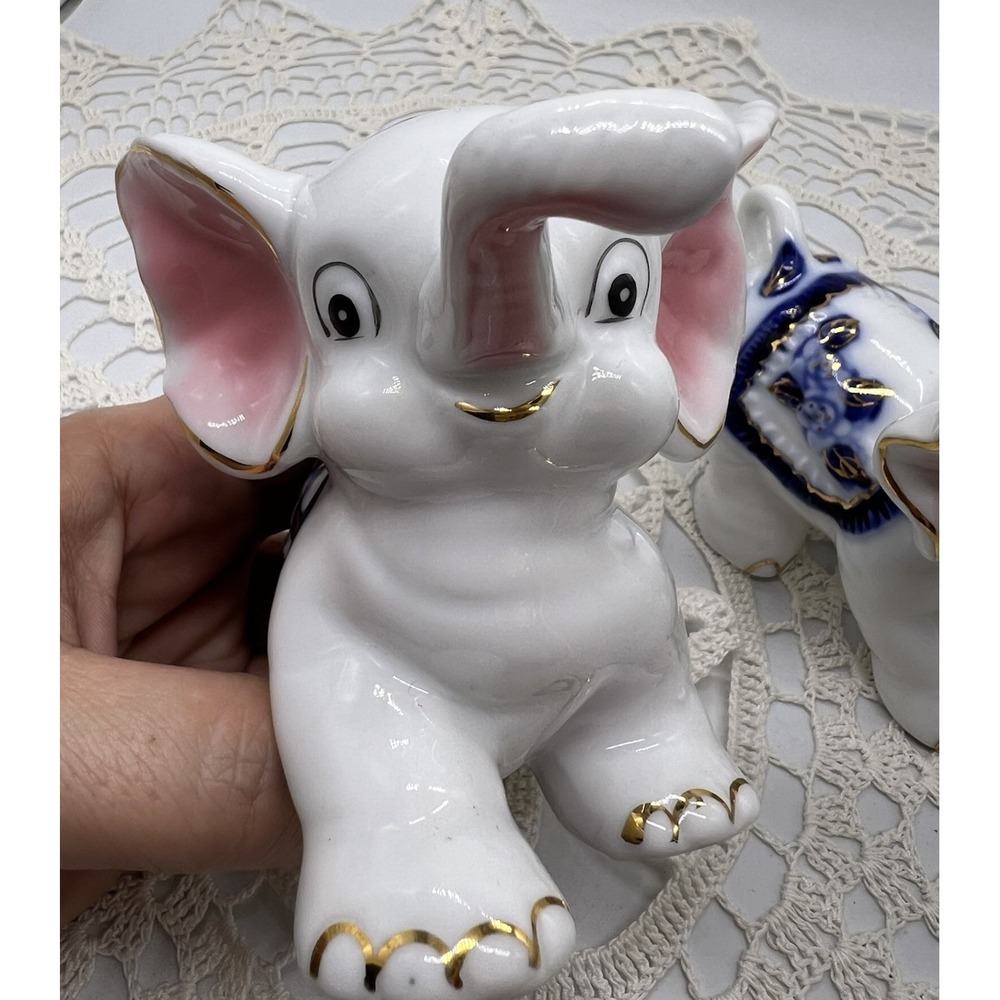Vintage 1940's Blue White Gold Gzhel Style Porcelain Kissing Elephant Figurines - Picture 12 of 12